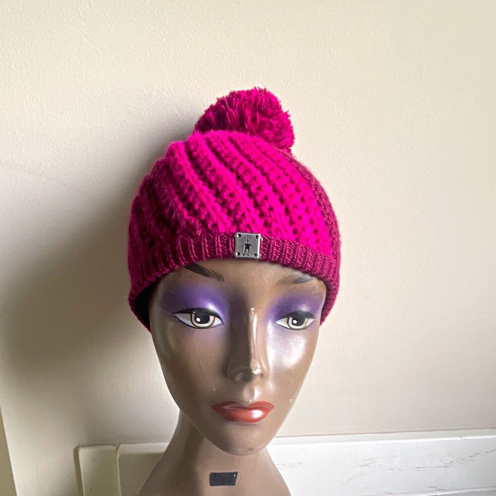 Women’s Knit Colorblock Pompom Beanie, Acrylic Stretch, One Size Pink/Purple